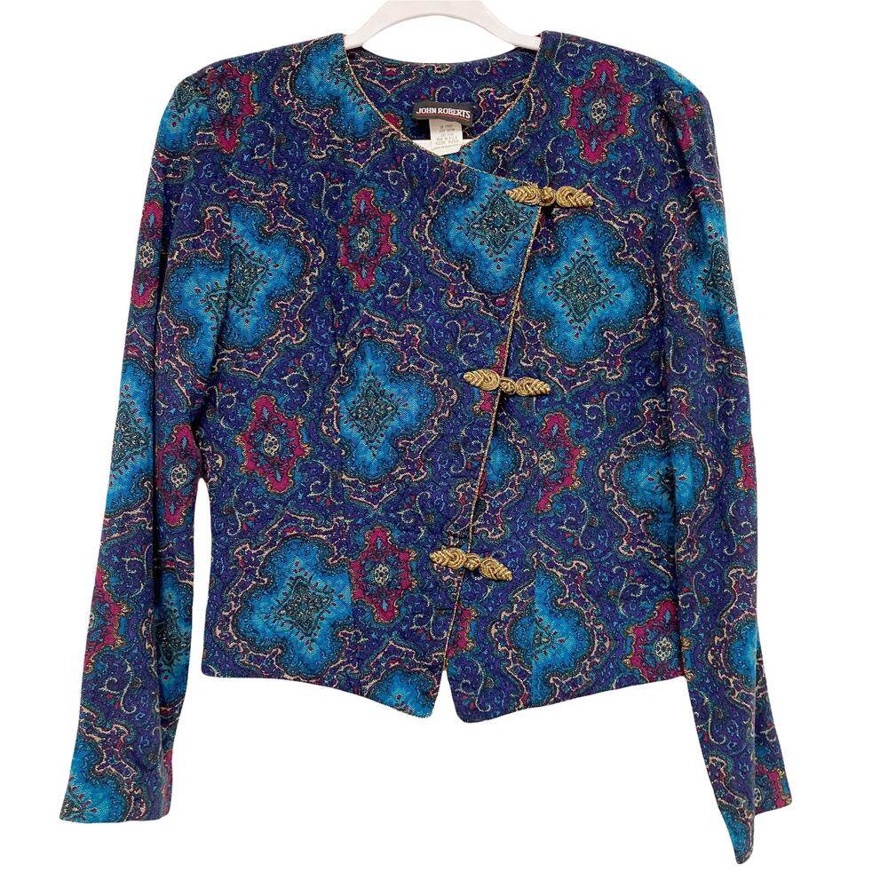 Vintage John Roberts Womens Size 10 Printed Quilted Knot Button Blazer